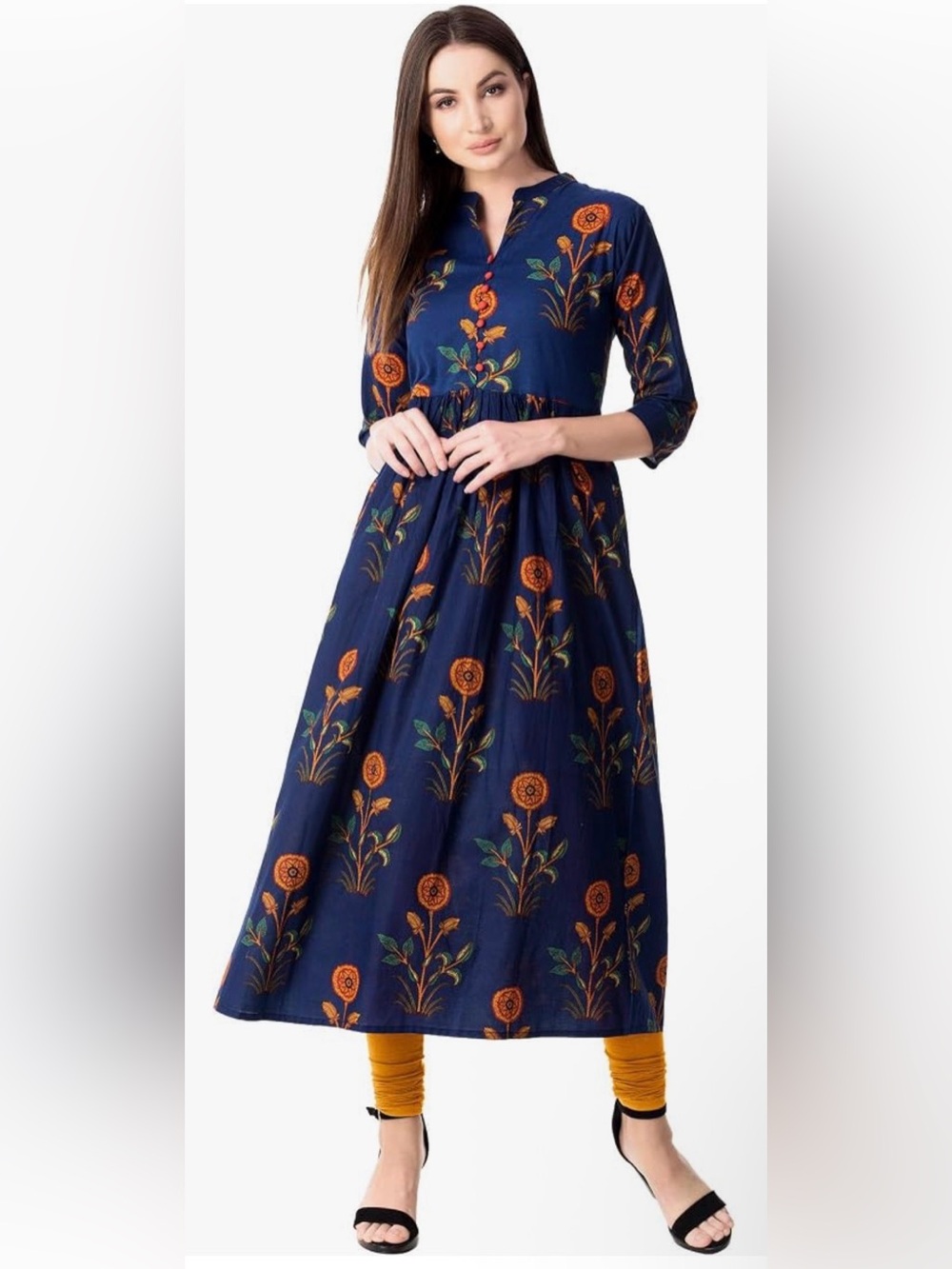 Cotton Navy Floral Maxi Dress with Orange Floral Print Size Large